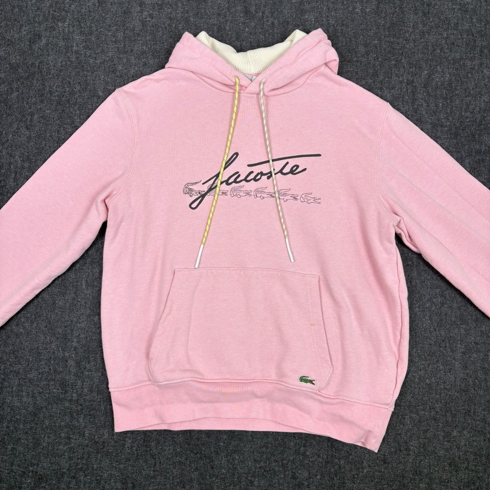 Lacoste Mens Large Pink Hoodie Script Logo Waffle Lined Preppy Y2K Streetwear